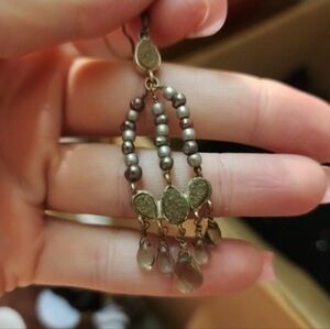 Elegant Gold Dangle Earrings With Pearl & Moldavite